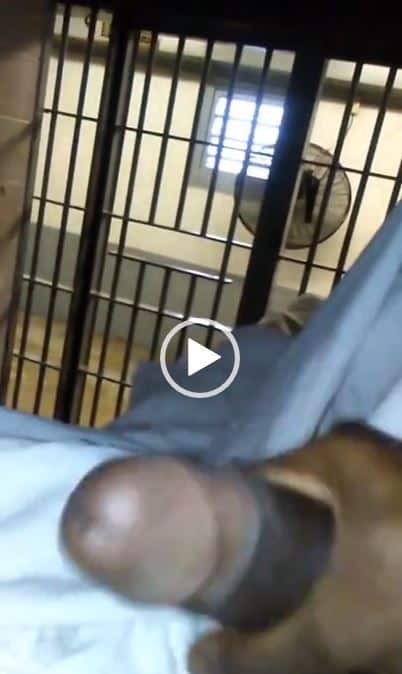 Inmate jacks his big black dick in his jail cell.