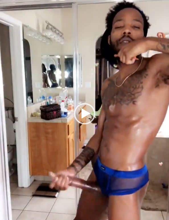 Check out @YVNGR3CKL3SS fresh out the shower. This sexy black twink looks so sexy in his blue mesh breifs. Watch as he teases showing his little but phat booty and jacking his big black meat.